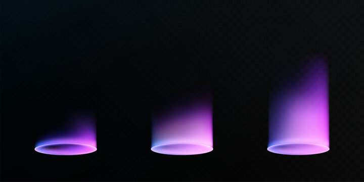 Purple glowing spotlight cones with circular base rings on dark background, stage illumination effect for podiums, portals and futuristic light design.