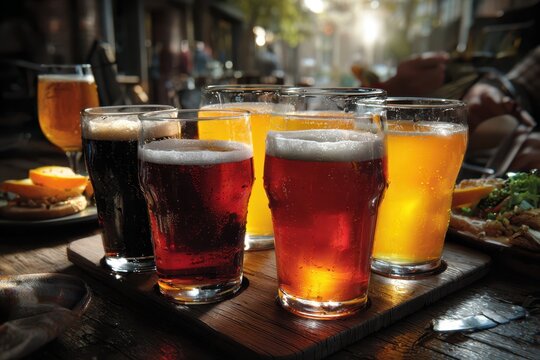 Assortment of Foamy Beer Pints Served on a Wooden Tray in a Lively Pub Setting
