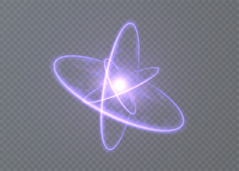 Purple glowing orbital lines with a bright energy core forming an abstract atom shape on transparent background.  © MAKSYM