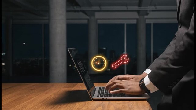 IT support and digital tools concept. Person using laptop with glowing wrench and screwdriver , representing system maintenance, tech service, customer support, and online troubleshooting in business