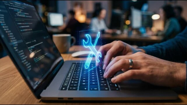 IT support and digital tools concept. Person using laptop with glowing wrench and screwdriver , representing system maintenance, tech service, customer support, and online troubleshooting in business