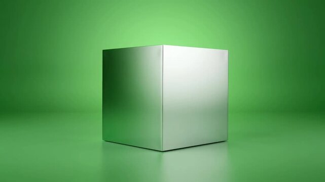 Shiny green cube rotating slowly on green background