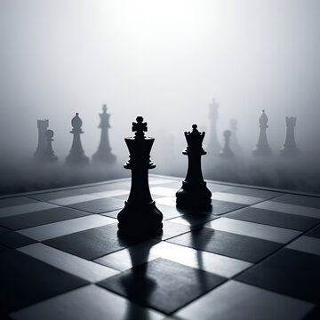 a lonely chess piece on a chessboard in disturbing lighting and fog, concept strategy decision-making leadership