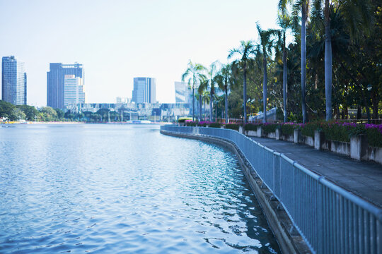 Beautiful view of Bangkok city through a lakeside path with railings and palm trees.