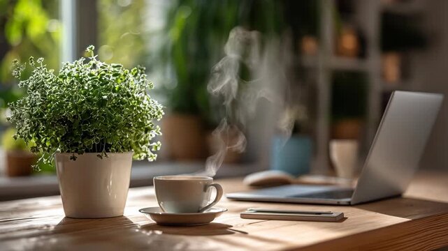 Steaming coffee cup on desk with laptop and plant in warm sunlight