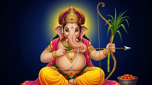 Lord Ganesha Sitting with Sugarcane Bow and Arrow, Hindu God Ganpati for Ganesh Chaturthi Festival