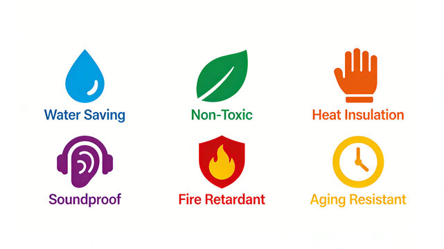 Water saving, non-toxic, heat insulation, flame retardant, sound insulation and anti-aging building material icons represent the concept of environmental protection, home decoration, safety 