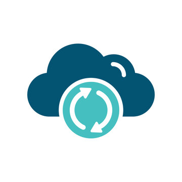 A cloud with circular arrows represents synchronization and continuous cloud refresh. This graphic suits backup tools, hosting dashboards, file services, and online workflow materials