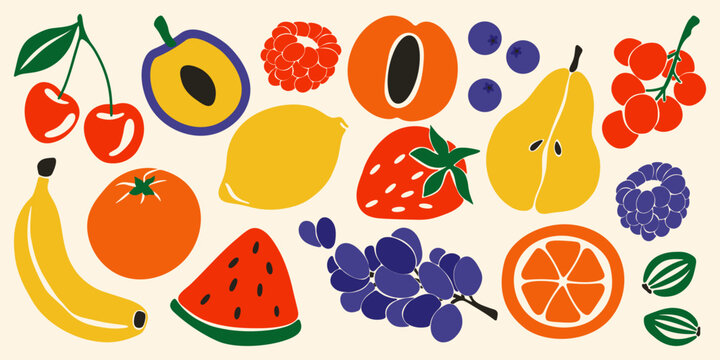 Abstract fruit set. Organic fruits and berries, natural summer food, colorful cherry, banana, strawberry, raspberry, peach, plum, melon citrus lemon orange. Vector collection