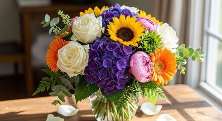 Obraz premium Vibrant bouquet of fresh flowers including sunflowers, roses, hydrangeas, and daisies arranged in a clear vase on a wooden table by a window