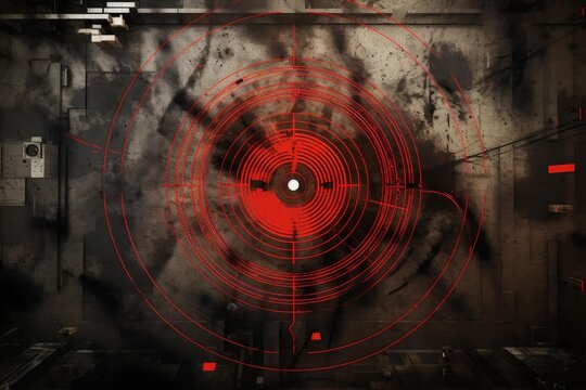 Red digital crosshair aiming and tracking object on a dirty futuristic metallic surface
