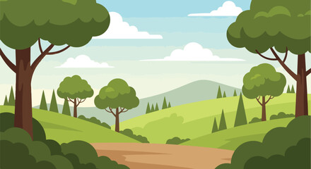 Cartoon-style illustration depicts a scenic landscape with trees, hills, and a road © Mulyadi