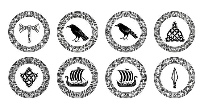 Viking symbols and icons in circles.