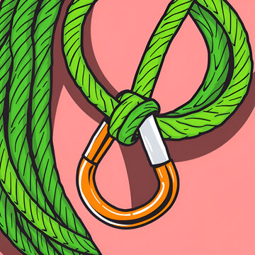Illustrative coiled green rope with carabiner clip for outdoor adventure activities