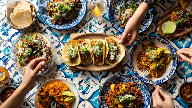 A table with various mexican dishes and hands reaching for food