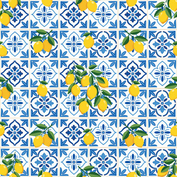 Seamless pattern with lemons and blue mediterranean ceramic tiles azulejo