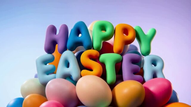 HAPPY EASTER wording animated popping out from a mountain of easter eggs