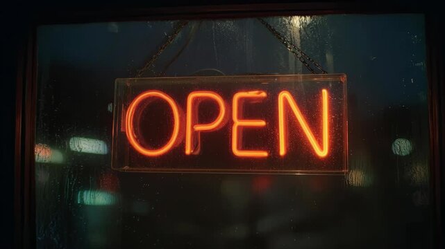 Glowing neon open sign hanging in a wet glass window at night