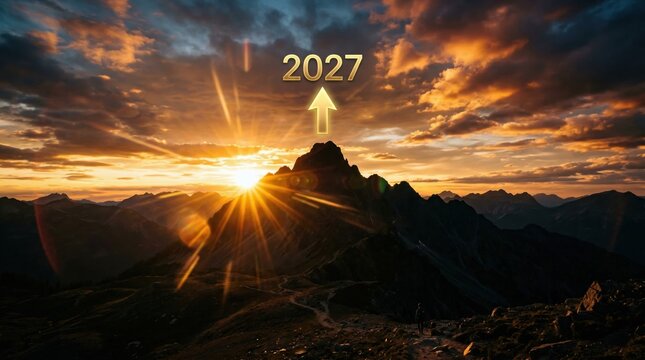 Sunrise over mountain valley with 2027 goal arrow. Future journey concept.