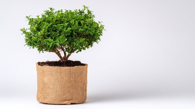 Small indoor tree in a natural jute pot against a simple background, ideal for home decor, office styling, and interior design inspiration
