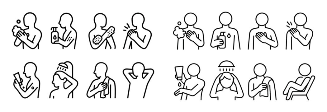 Hygiene icons with soap towel shower outline glyph