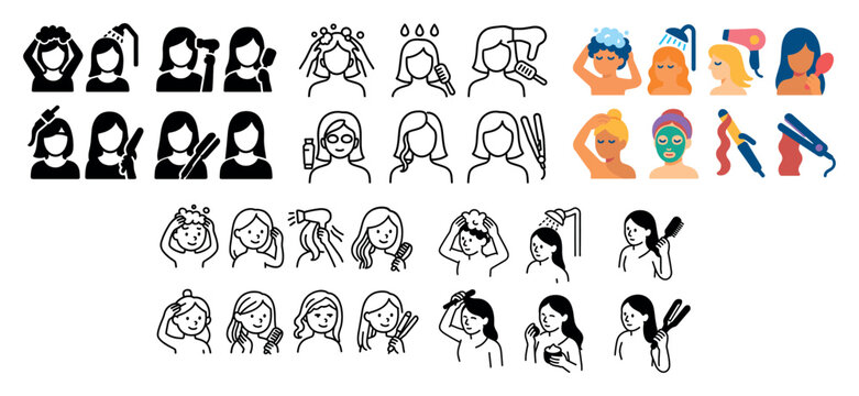 Beauty icons with woman hairdryer comb flat colorful