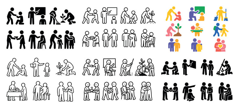 Community icons with people group meeting outline flat
