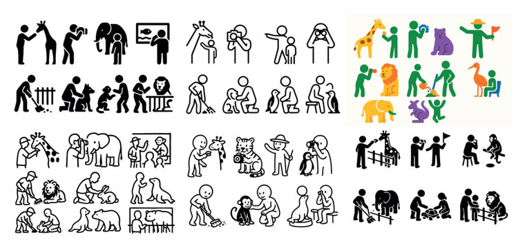 Zoo icons with giraffe lion keeper playful