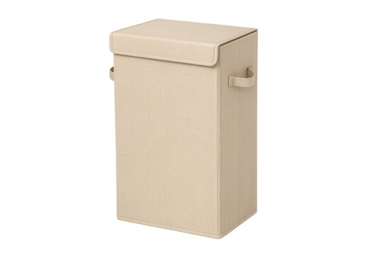 Beige fabric laundry hamper with lid and handles