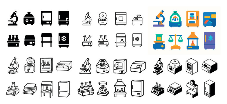 Laboratory icons with microscope centrifuge freezer flat