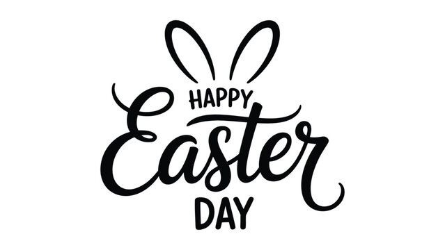 Happy Easter Day elegant black calligraphy with cute bunny ears outline on white background, minimalist holiday typography and seasonal greeting design.