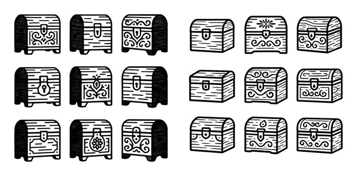 Treasure icons with chest box trunk engraved