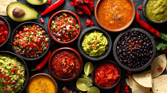 A variety of mexican dips and toppings