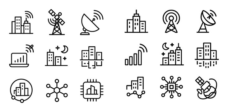 Network icons with tower satellite city minimal outline