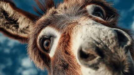 Fototapeta premium A playful donkey pokes its head close to the camera, showcasing its large, expressive eyes and fluffy fur. The sun shines brightly, creating a cheerful atmosphere