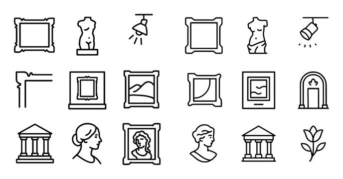Museum icons with frame statue spotlight outline