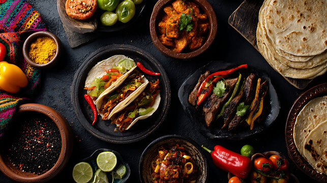 A variety of mexican dishes on plates and bowls