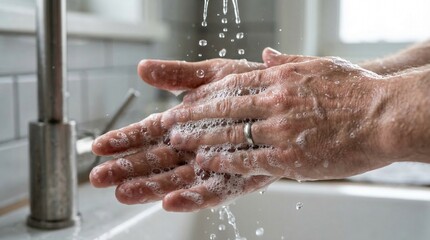 Fototapeta premium Close-up of hands being washed with soap and water in a sink, promoting hygiene and cleanliness.