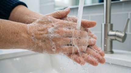 Fototapeta premium Close-up of hands being washed with soap and water in a modern bathroom sink