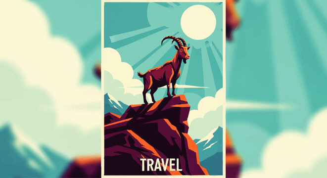 Majestic ibex standing proudly on a rocky mountain peak under a bright, sunlit sky, a perfect depiction of adventure and travel