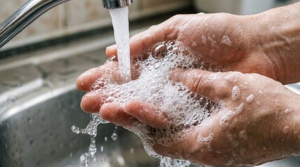 Fototapeta premium Washing hands with soap and water under a faucet, hygiene and cleanliness concept