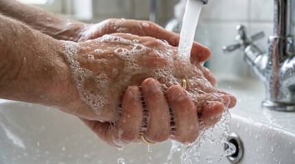 Fototapeta premium Person washing hands with soap and water in a sink, hygiene and cleanliness concept