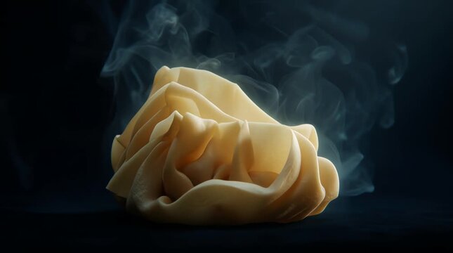 Steaming hot dumplings on dark background.