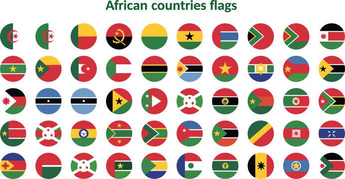 Collection Of African Countries National Flags In Circular Button Design Set Vector Illustration Isolated On White Background, 17 words.