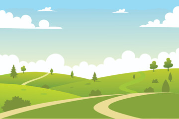 Fototapeta premium A peaceful cartoon landscape featuring rolling green hills and sky