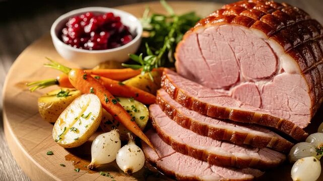 Sliced roasted ham served with colorful vegetables and cranberry sauce on a wooden platter, showcasing a delicious holiday meal presentation