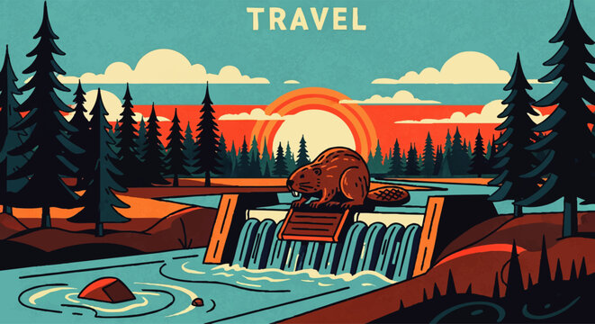 Vintage travel poster featuring a diligent beaver on its dam in a flowing river, surrounded by a dense forest under a vibrant sunset, celebrating wilderness and natural beauty