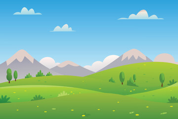 Fototapeta premium Cartoon landscape with green hills mountains and a blue sky