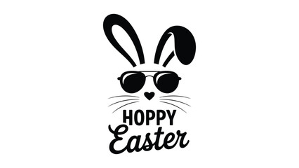 Hoppy Easter greeting with cool bunny wearing sunglasses illustration, creative black and white typography design on white background. © Icons Queen