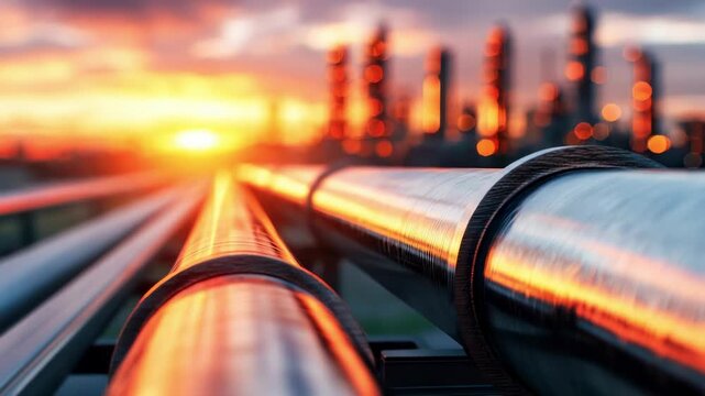 Industrial pipes reflecting sunset light with blurred factory silhouettes in the background, showcasing a vibrant evening atmosphere
